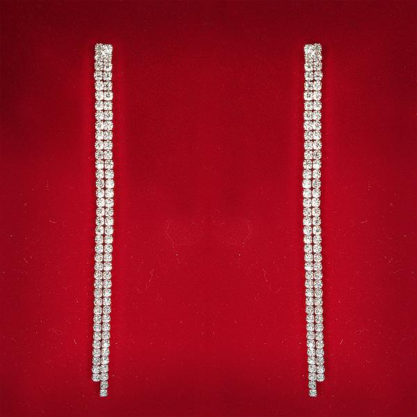 [100 мм] Серьги женские белые стразы светлый металл свадебные вечерние гвоздики (пуссеты) подвески 2 ряда длинные