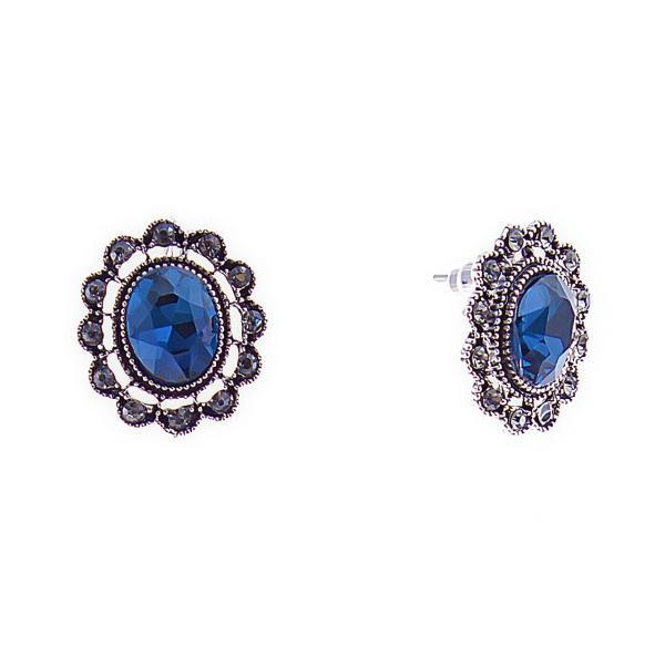 Серьги-пусеты овальные, с синими кристаллами оправа стразы , 18*16мм