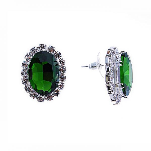 Серьги-пусеты овальной формы с зелёным кристалом и белыми стразами, цвет металла серебро,20мм