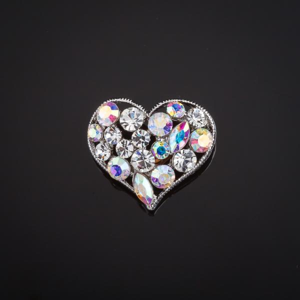 Брошь  Сердце в стразах хамелеон цвет металла "серебро" 2,6х2,8см