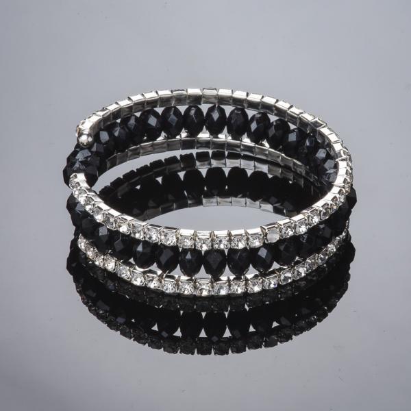 Браслет "Мемори стразы+черный "хрусталь" серебристый  металл обхват 18-22 см