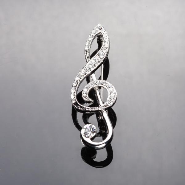 Брошь Серебристая Скрипичный ключ в стразах 5,5*2 см