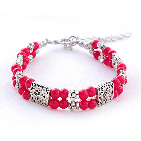 Браслет двойной с красными бусинами,цвет металла серебро