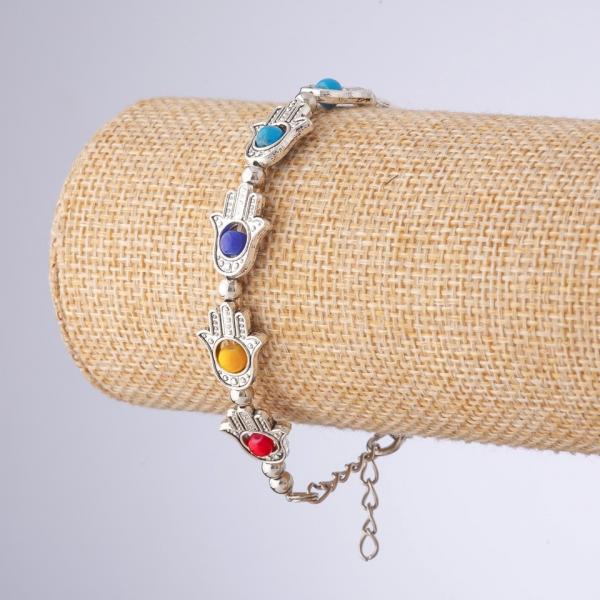 Браслет  "от сглаза"  Ладонь Хамса разноцветные  бусинки  L-16-21см