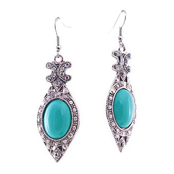 Серьги-подвески с овальными кабошонами под "бирюзу" и стразами в тонкой оправе , 60*20мм