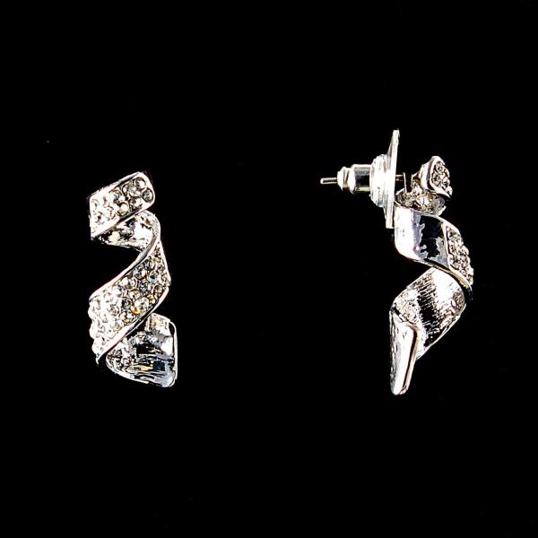 Серьги-пусеты Спираль, белые стразы, металл под серебро, 3см