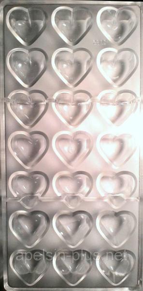 Фото  Поликарбонатная форма для шоколада Сердечки гладкие 21 ячейки