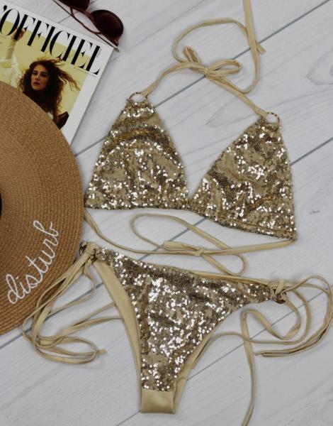 Купальник раздельный золотистый мини бикини с паетками.