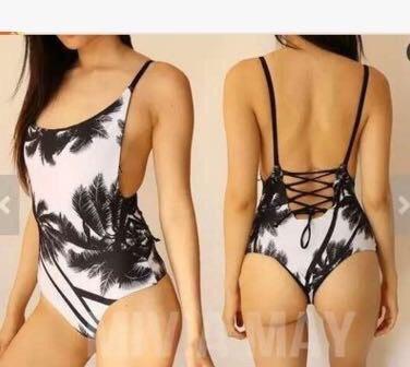 Модный, женский, сдельный купальник со шнуровкой по спинке и принтом "Пальмы"