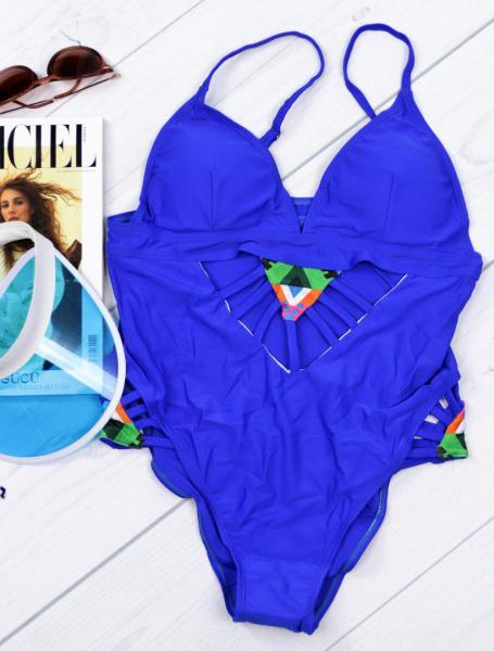 Черный купальник монокини со шлейками и цветными вставками.