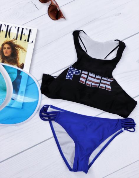 Купальник раздельный холтер комбинированный черный с синим.