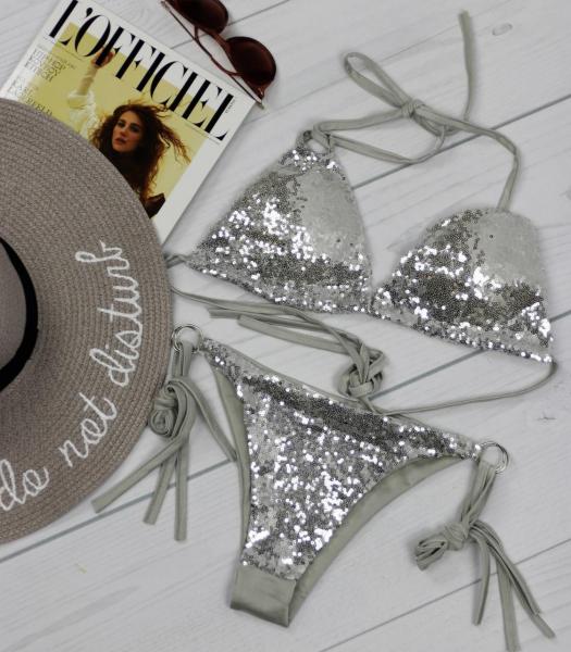 Купальник раздельный серебристый мини бикини с паетками.