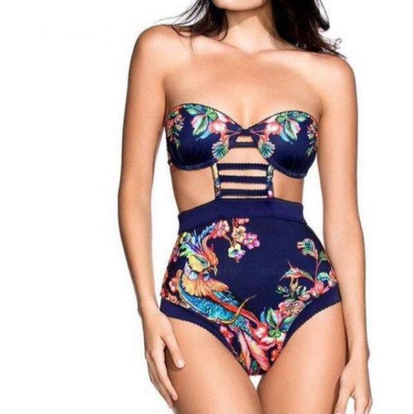 Оригинальный, женский, сдельный купальник с лифом бандо и цветочным принтом "Лестница"