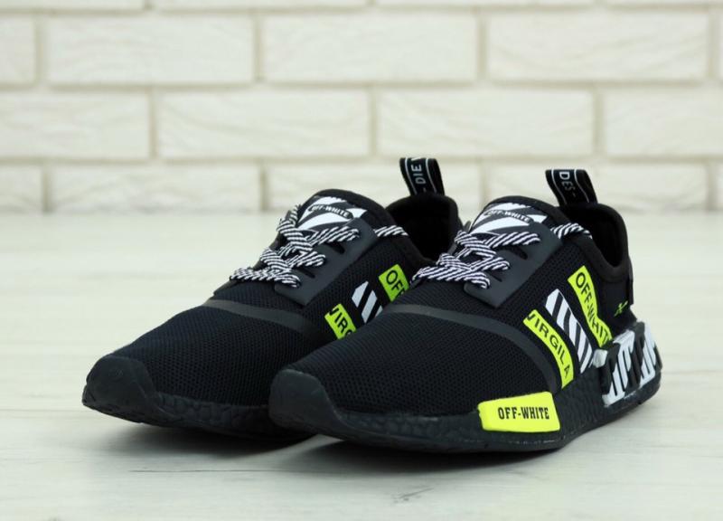 Фото Новинки №2., Чоловіче взуття, Adidas, NMD Чоловічі кросівки Off-White X AD NMD R1 Black White Green. ТОП Репліка ААА класу.