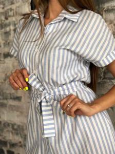 Фото Одежда Платье полоска лён с поясом голубой