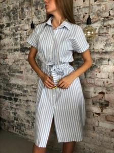 Фото Одежда Платье полоска лён с поясом голубой