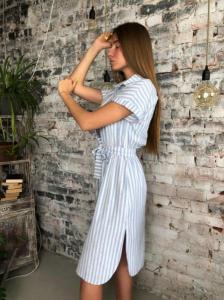 Фото Одежда Платье полоска лён с поясом голубой