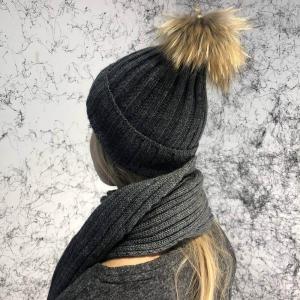 Фото Аксессуары Moncler Winter Hat Knitted Pompon and Scarf Dark Gray