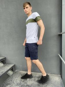 Фото Одежда Комплект шорты синие Miami футболка 'Color Stripe' светло- серая с полосой цвета хаки