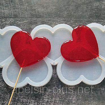 Фото  Молд силиконовый для леденцов и изомальта Сердечки на 6 ячеек  5 см