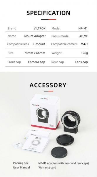Фото Адаптеры - переходники, Адаптеры для фотокамер PANASONIC Адаптер Viltrox NF-M1 для объектива F-mount на байонет Micro 4/3 (Nikon F - Micro 4/3) (Panasonic, Olympus)