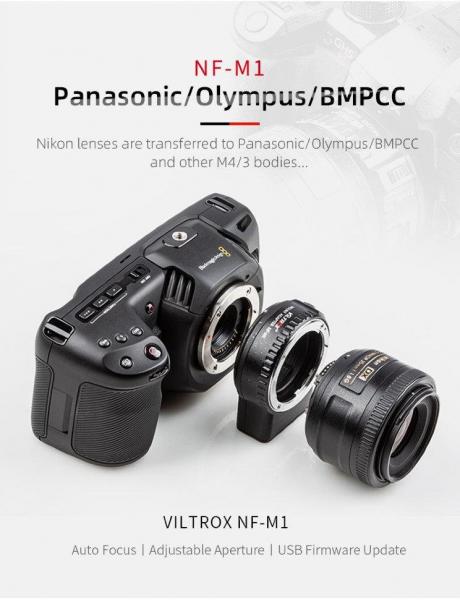 Фото Адаптеры - переходники, Адаптеры для фотокамер PANASONIC Адаптер Viltrox NF-M1 для объектива F-mount на байонет Micro 4/3 (Nikon F - Micro 4/3) (Panasonic, Olympus)
