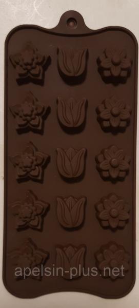 Фото  Силиконовая форма для шоколада и мармелада Тюльпаны ассорти на 15 ячеек