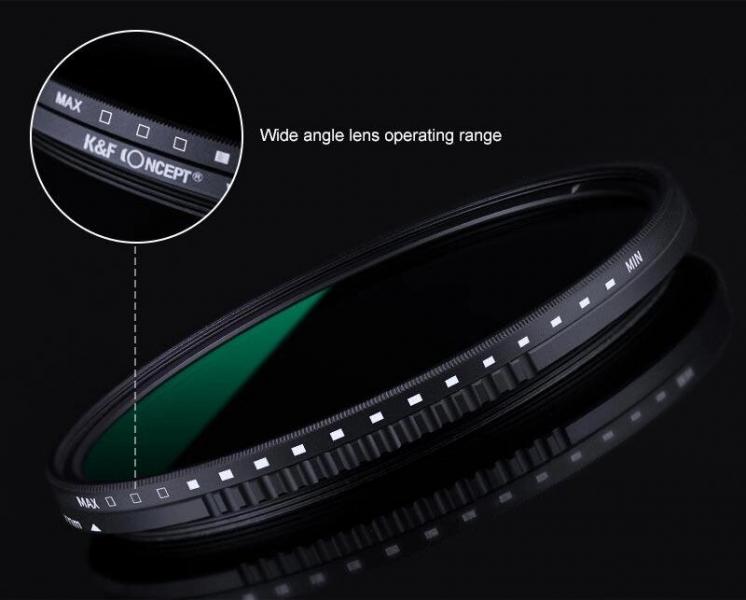 Фото Светофильтры, Нейтрально-серые фильтры ND с переменной плотностью, Нейтрально-серые светофильтры ND с переменной плотностью 55 мм Нейтрально-серый светофильтр K&F Concept с переменной плотностью 55 мм ND8 - ND2000