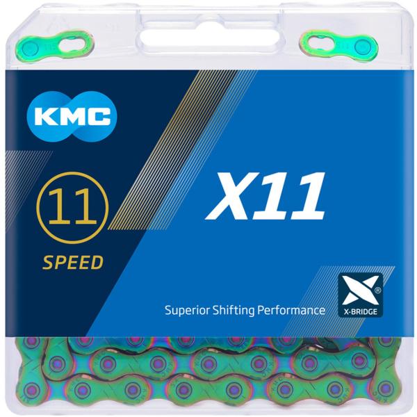 Фото ВЕЛОЗАПЧАСТИНИ, ТРАНСМІСІЯ, ЛАНЦЮГИ Ланцюг KMC X11 Aurora Blue 11 шв., 118 л. + замок Waxed (змащений парафіновим мастилом KMC GO WAX)