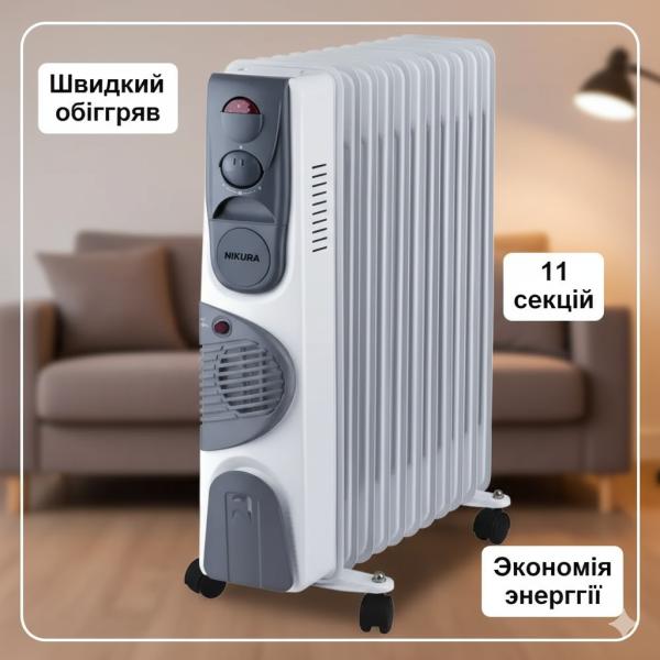 Фото Товары для дома и сада Масляный обогреватель напольный 11FAN на 2900 Вт Масляный электрообогреватель на 11 секций