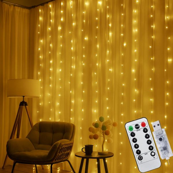 Новогодняя яркая USB гирлянда-штора на 200 LED 3х2 м и 10 нитей SFK-43 Теплый белый