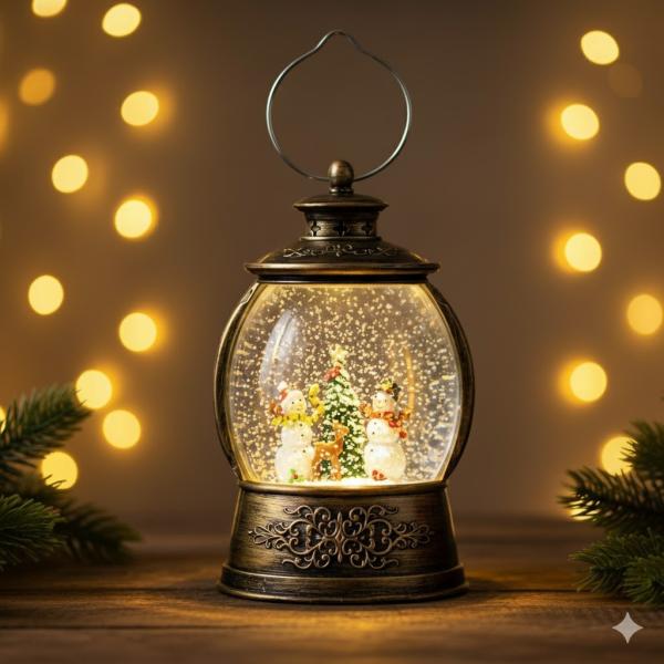 Фото  Рождественский Светильник-Фонарь с Эффектом Снегопада и Музыкой (Питание USB/Батарейки)