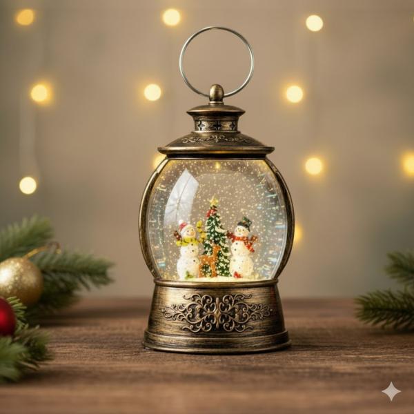 Фото  Рождественский Светильник-Фонарь с Эффектом Снегопада и Музыкой (Питание USB/Батарейки)