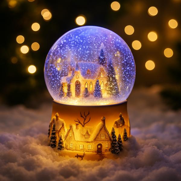 Фото  Новогодний Светильник «Домик в Шаре» 15 см с Вращением и Снегопадом (LED, на Батарейках)