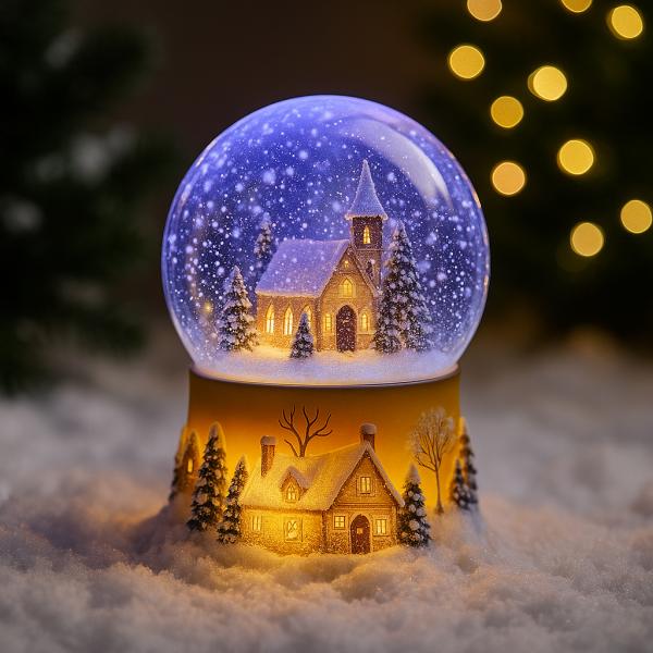 Фото  Новогодний Светильник «Домик в Шаре» 15 см с Вращением и Снегопадом (LED, на Батарейках)