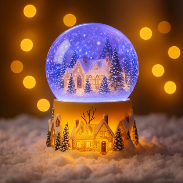 Фото  Новогодний Светильник «Домик в Шаре» 15 см с Вращением и Снегопадом (LED, на Батарейках)