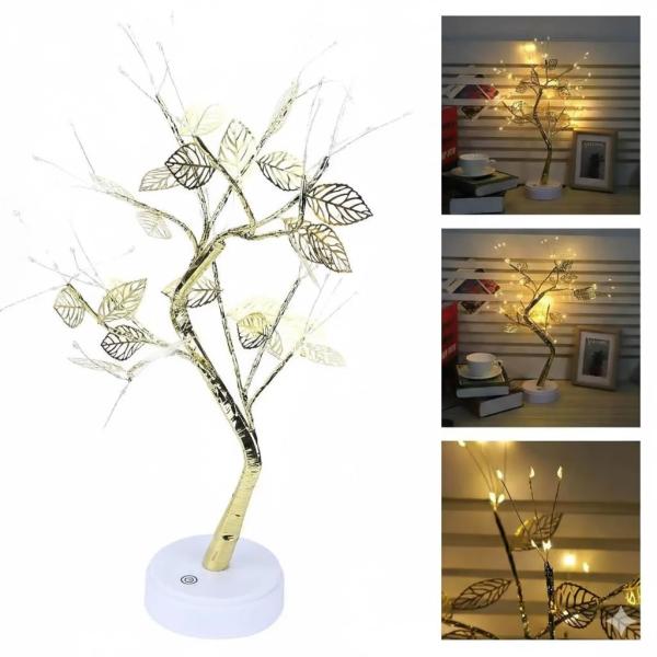 Настольная светодиодная лампа Дерево серебристое с листьями USB + батарейки AA 3шт