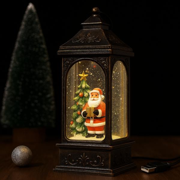Фото  Новогодний снежный светильник-декор LED «Фонарь» HC-D004 с 8 рождественскими мелодиями, USB-кабель, 12.5×11×27.2 см