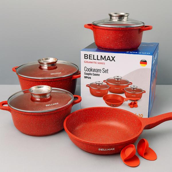 Фото Все для кухни Набор кухонной посуды с гранитным антипригарным покрытием Красный на 9 предметов Bellmax Cookware BM-120