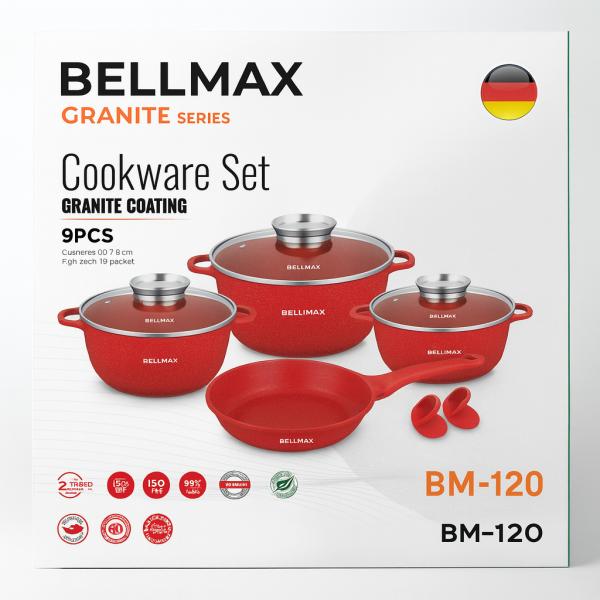 Фото Все для кухни Набор кухонной посуды с гранитным антипригарным покрытием Красный на 9 предметов Bellmax Cookware BM-120
