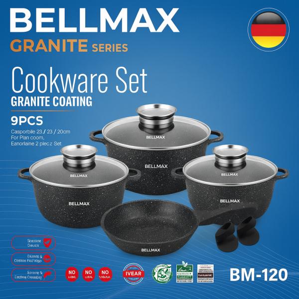 Фото Все для кухни Набор кухонной посуды Bellmax BM-120 Черный из литого алюминия с гранитным покрытием, 9 предметов