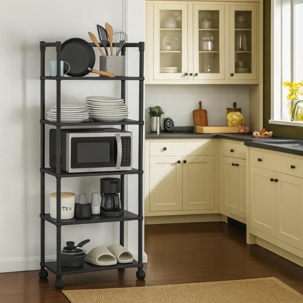 Фото Товары для дома и сада Универсальная напольная этажерка-стеллаж с колёсиками 5-ярусная 120×50×26 см, металлическая, чёрная