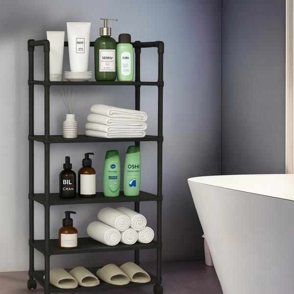 Фото Товары для дома и сада Универсальная напольная этажерка-стеллаж с колёсиками 5-ярусная 120×50×26 см, металлическая, чёрная