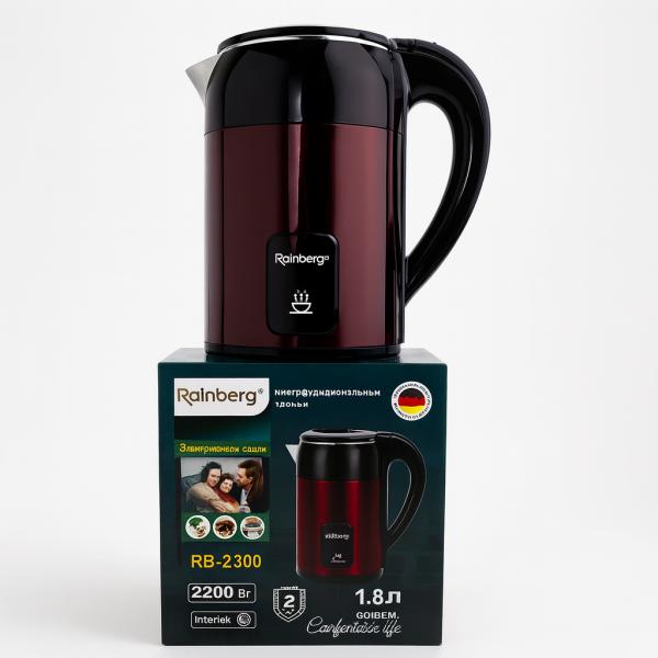 Фото  УЦЕНКА! Электрический чайник Rainberg RB-2300, 1.8 л, нержавеющая сталь, красный, (Плохая упаковка,повреждение корпуса 3119)