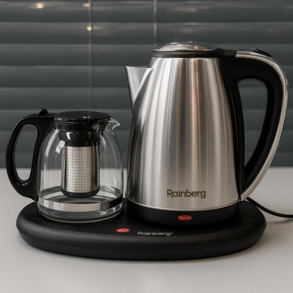 Фото  УЦЕНКА! Комплект электрочайник с заварником на подставке Rainberg RB-2504 (Нет упаковки, нет заварника 3163)