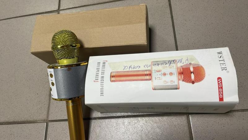 Фото Электроника УЦЕНКА! Микрофон WSTER WS-858 Bluetooth USB AUX FM GOLD (Плохая упаковка, ржавчина на корпусе 3172)
