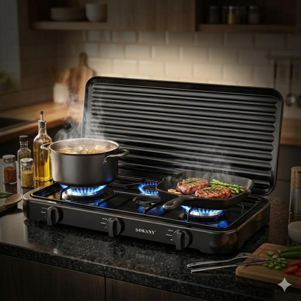 Фото Все для кухни Настольная газовая плита Sokany SK07003 на 3 конфорки / Настольная плита газовая / Газовый Таганок