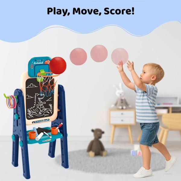 Фото Детский мир, детские товары Детский двусторонний мольберт OLEOCA 4-в-1 с магнитной доской, меловой доской и набором аксессуаров