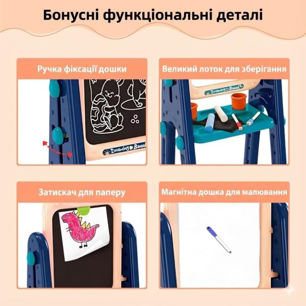 Фото Детский мир, детские товары Детский двусторонний мольберт OLEOCA 4-в-1 с магнитной доской, меловой доской и набором аксессуаров