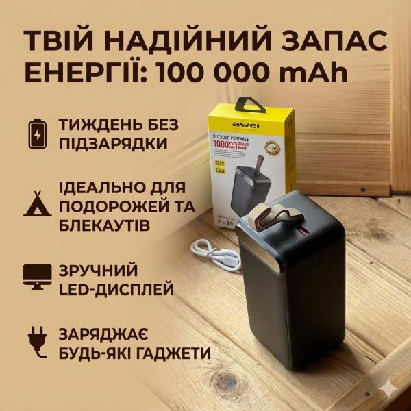 Фото  Мощный ПовербанкW  Awei 100000 mAh 22.5W с большим фонарем. Внешний аккумулятор Power Bank быстрая зарядка для телефона и планшета